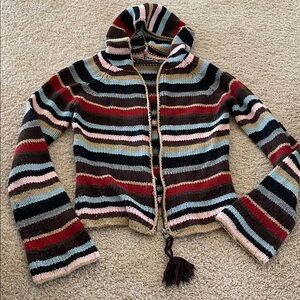 Striped Hooded Crochet Zip Sweater - Multicolor